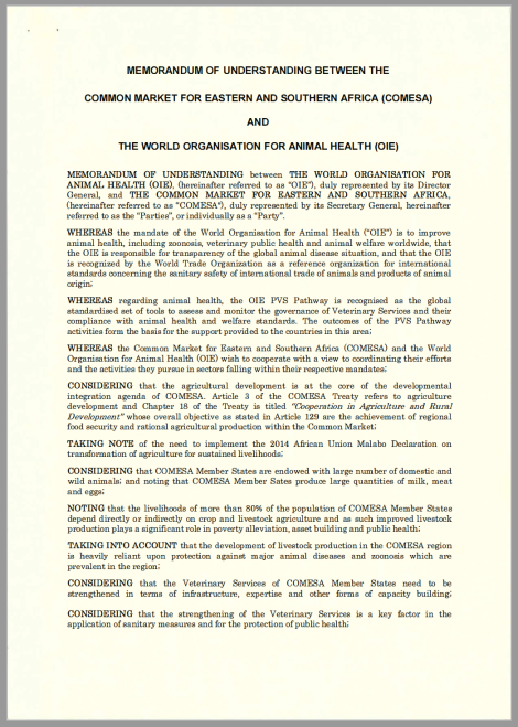 Memorandum of Undersanding between the Common Market for Easter and South Africa (COMESA) and the World Organisation for Animal Health (OIE)