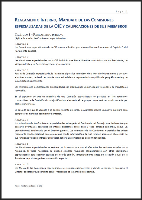 Reglamento Interno, Mandato de las Comisiones Especializadas de la OIE y Calificaciones de sus Miembros