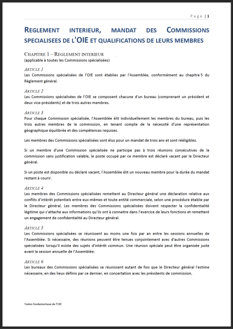 Règlement intérieur, mandat des commissions spécialisées de l'OIE et qualifications de leurs membres