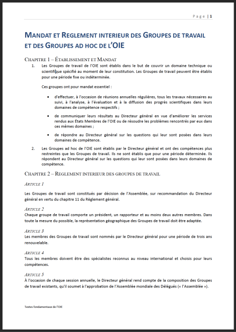 Mandat et règlement intérieur des Groupes de travail et des Groupes ad hoc de l’OIE