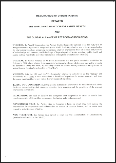 Memorandum of Undersatnding with the World Allinace of Pet Food Associations (GAPFA)